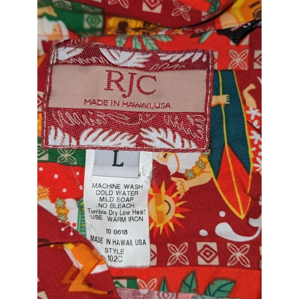 RJC Hawaiian Christmas Shirt Santa Surfing Aloha Holiday Party Red L Made in USA